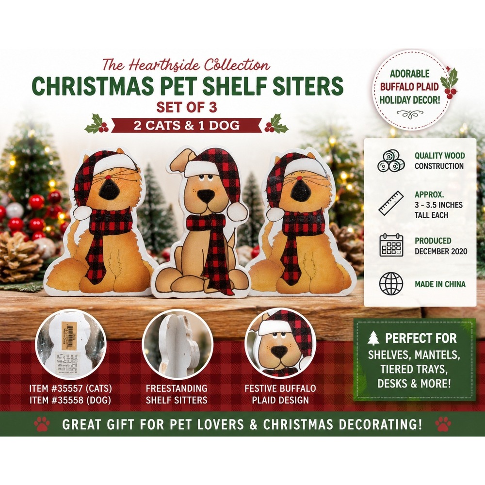 Hearthside Collection Christmas Pet Shelf Sitters Set of 3 Cats Dog BuffaloPlaid